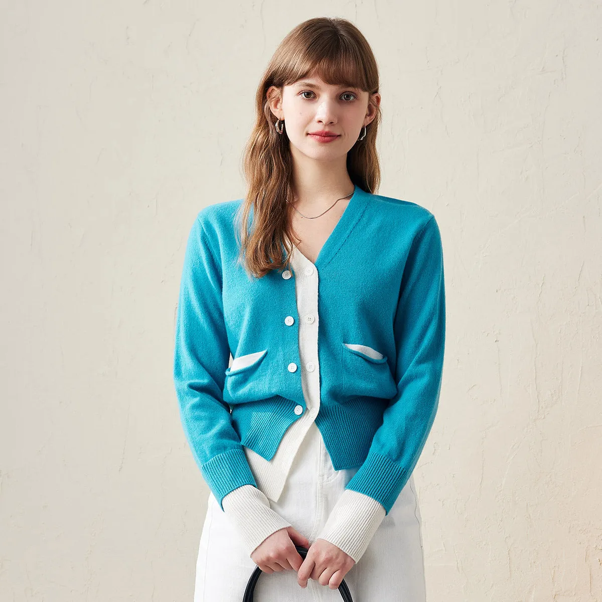 100% Wool Chic Color-Block Button-Up Cardigan