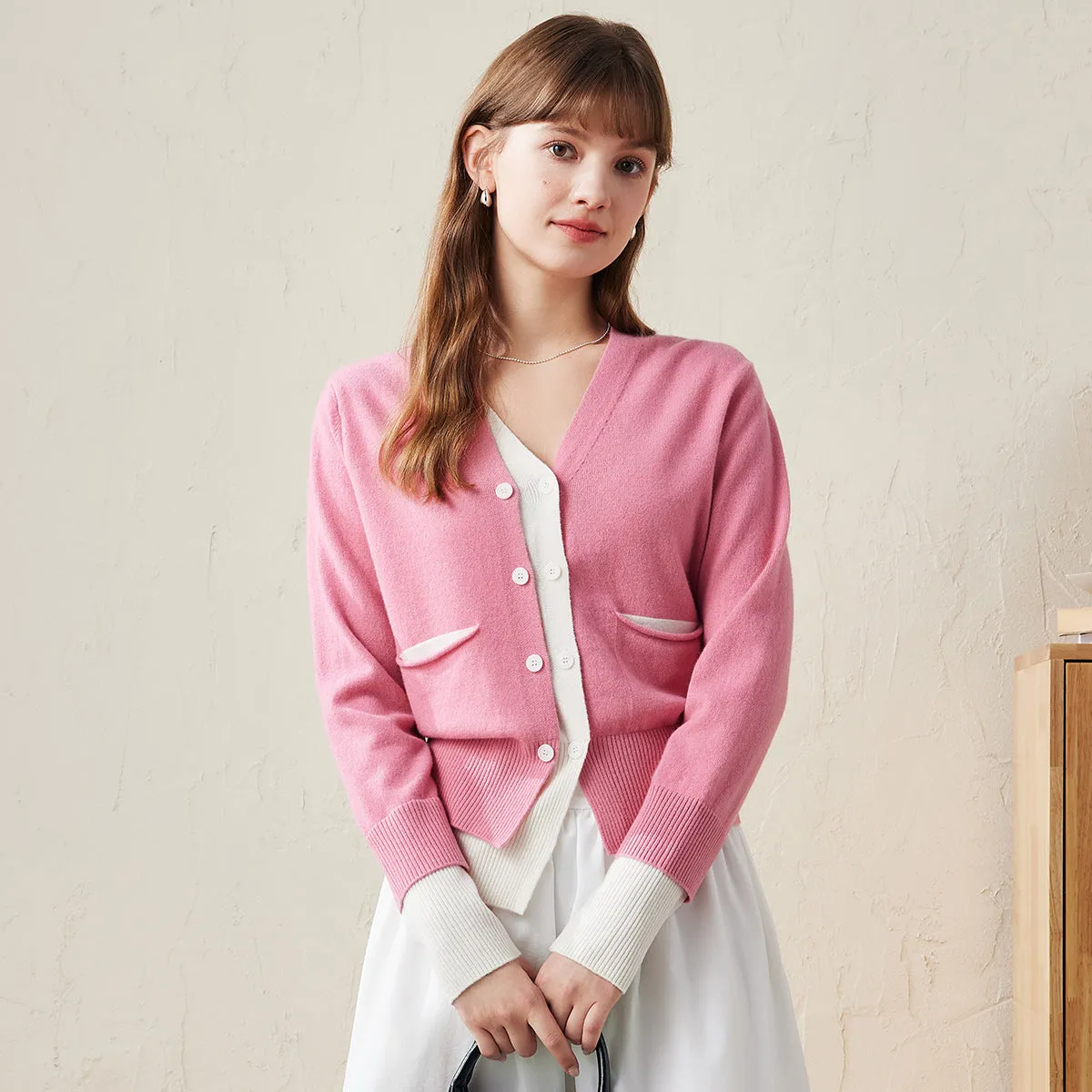 100% Wool Chic Color-Block Button-Up Cardigan