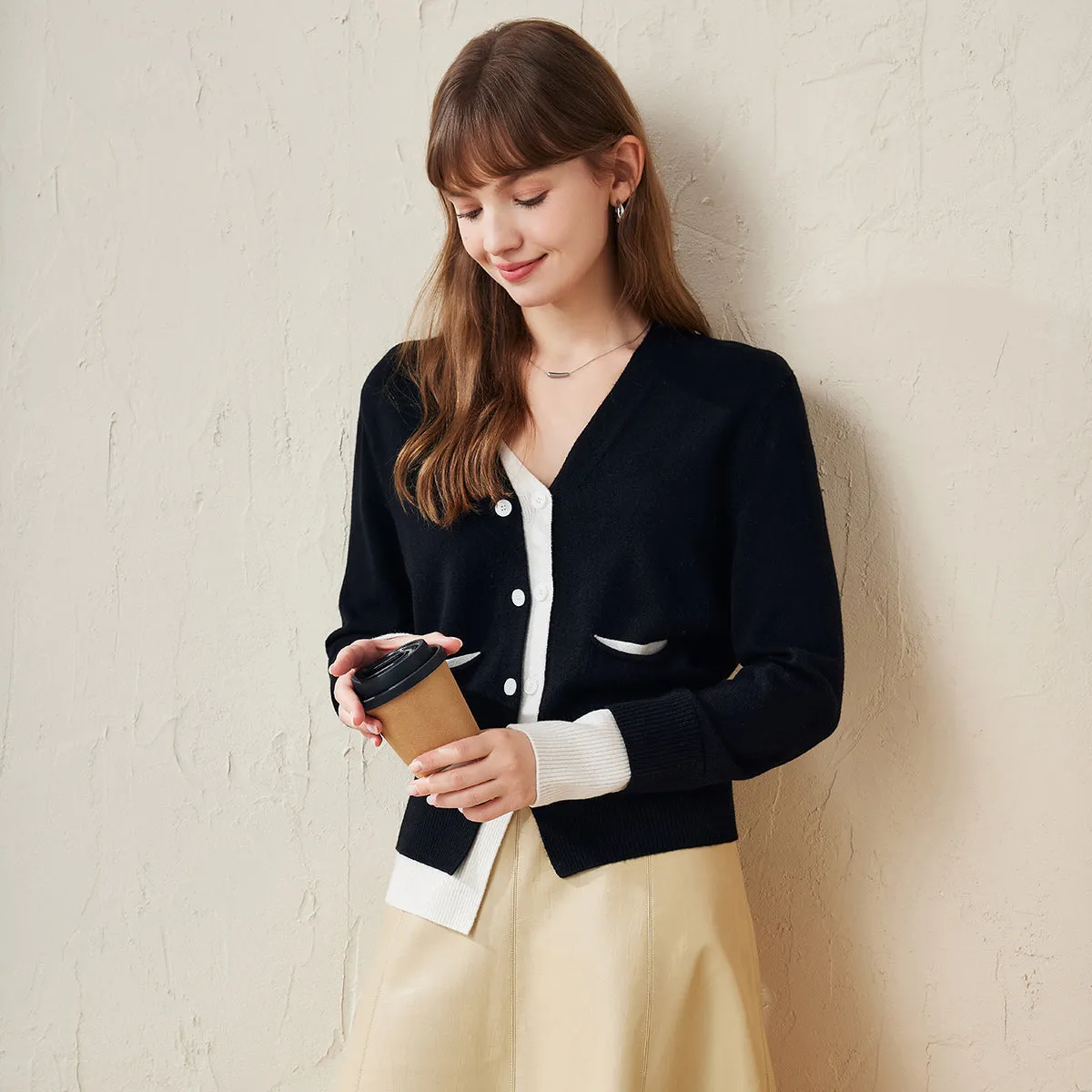 100% Wool Chic Color-Block Button-Up Cardigan