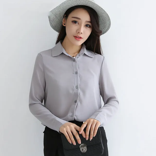 2017 Hot Sale Women Shirts Blouses Long Sleeve Turn-Down Collar Solid Ladies Chiffon Blouse Tops OL Office Style Chemise Femme