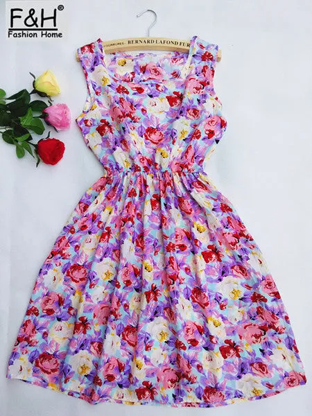 2017 New Women Dress Fashion Cute Love Florals Print Round Neck Sleeveless Chiffon Dress Femininas Saias S M L XL XXL