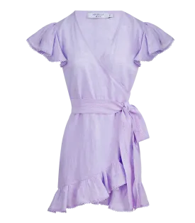 Amalia Lace Linen Mini Wrap Dress Lilac