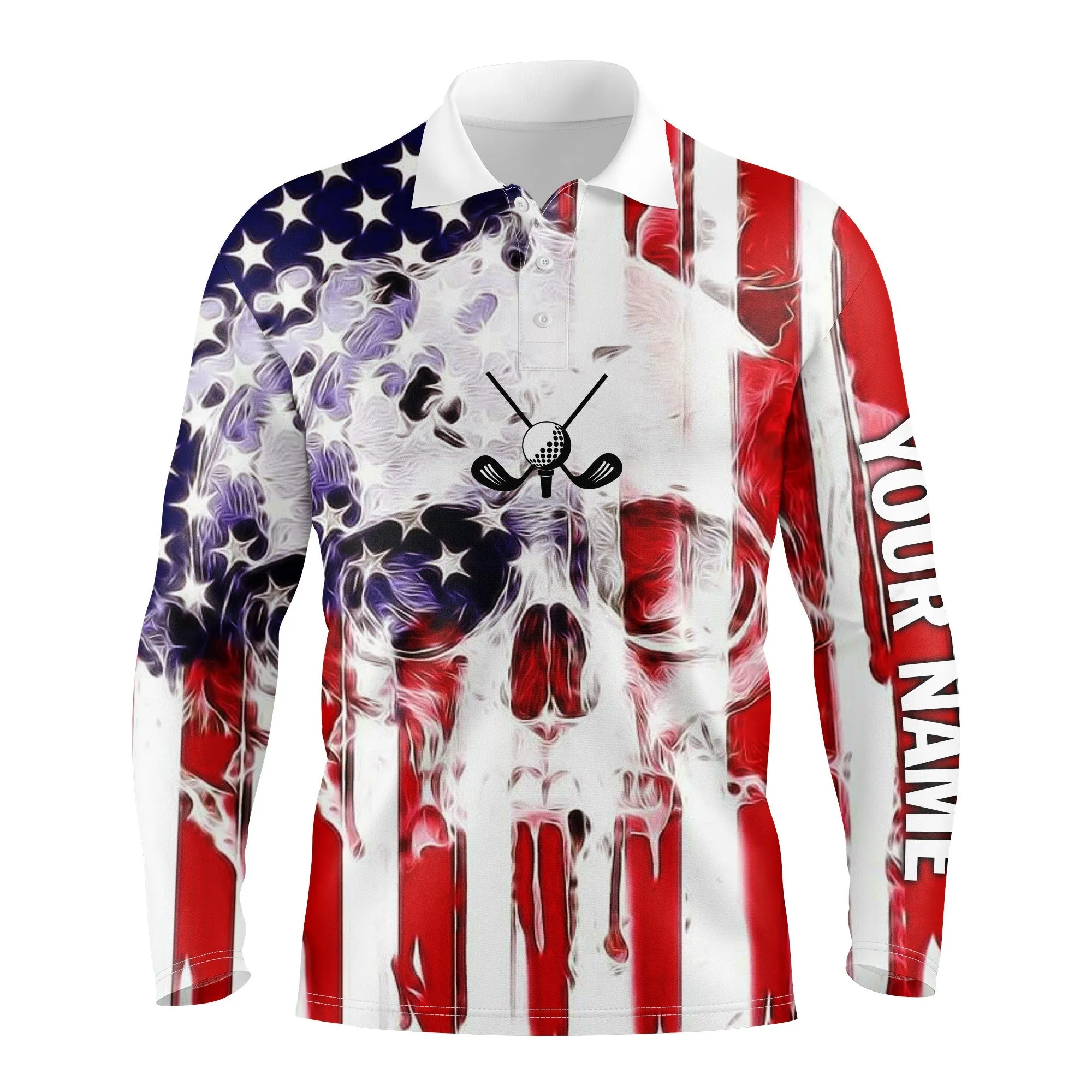 American Flag Skull Long Sleeve Golf Polo Shirts Personalized Patriotic Gifts For Golf Lovers