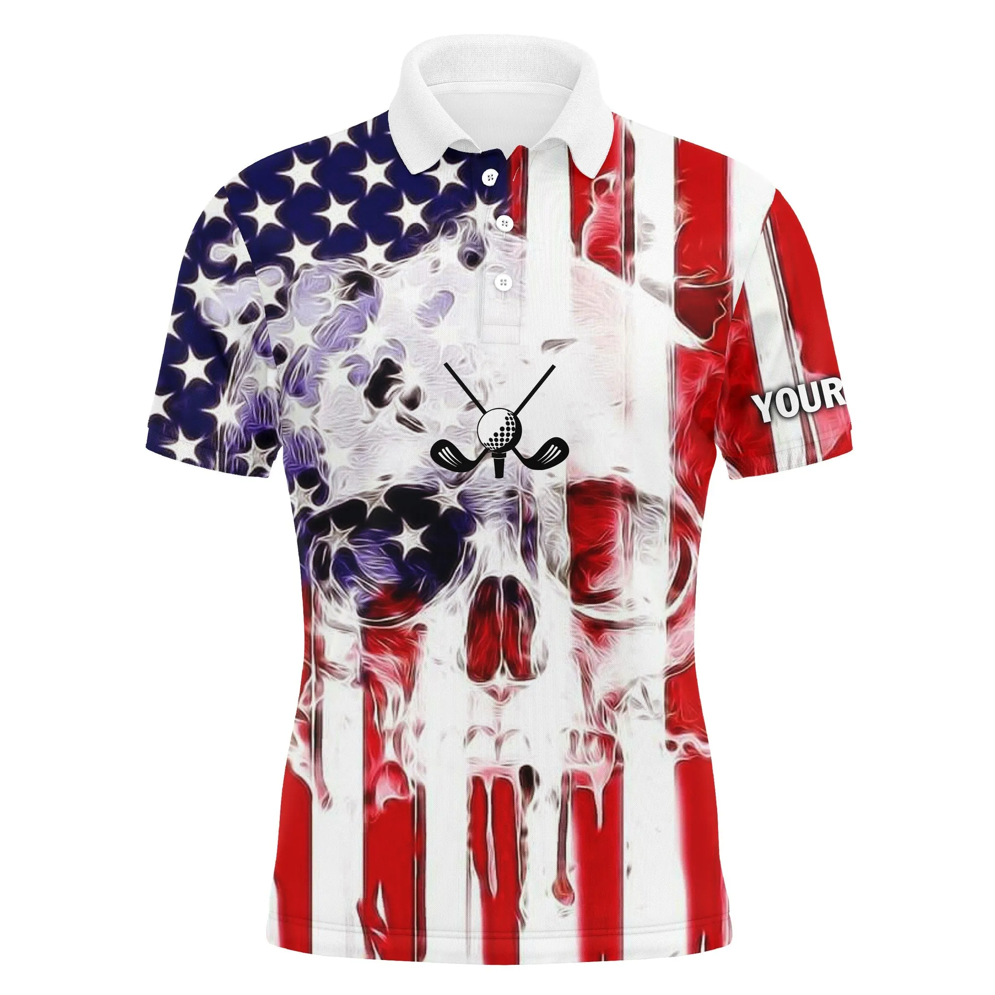 American Flag Skull Long Sleeve Golf Polo Shirts Personalized Patriotic Gifts For Golf Lovers