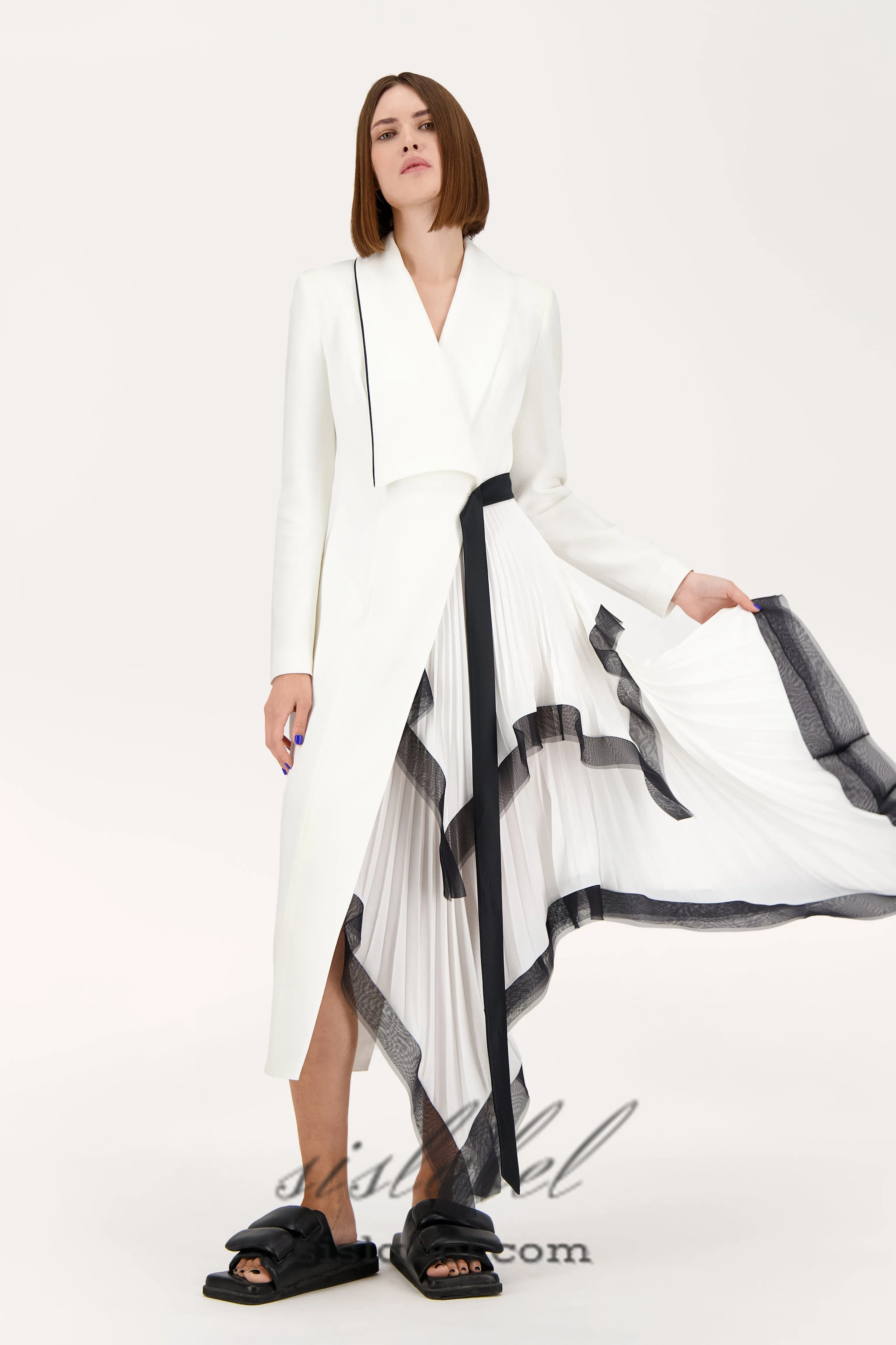 Asymmetric pleated ruffle trim blazer dress in white