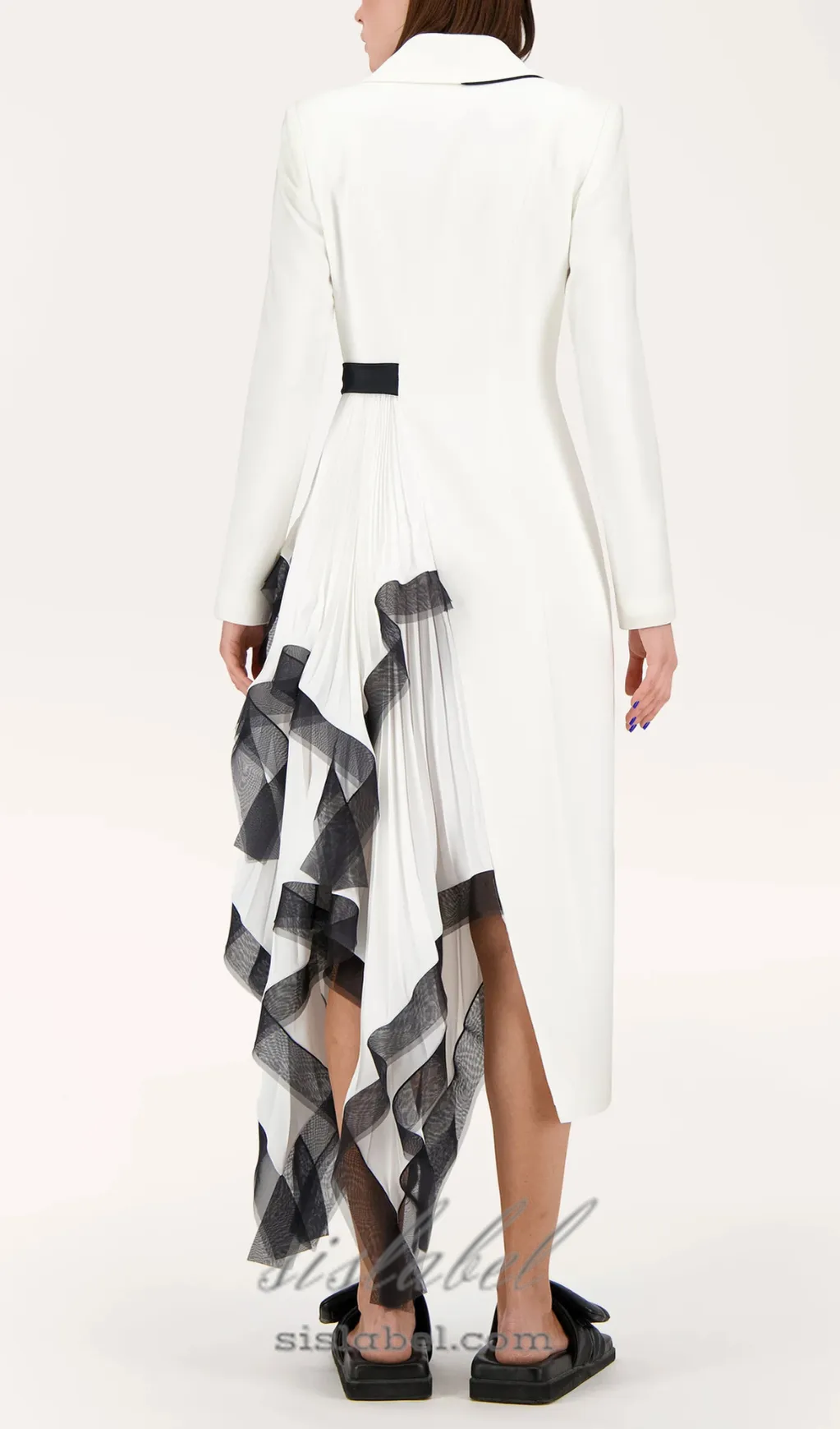 Asymmetric pleated ruffle trim blazer dress in white