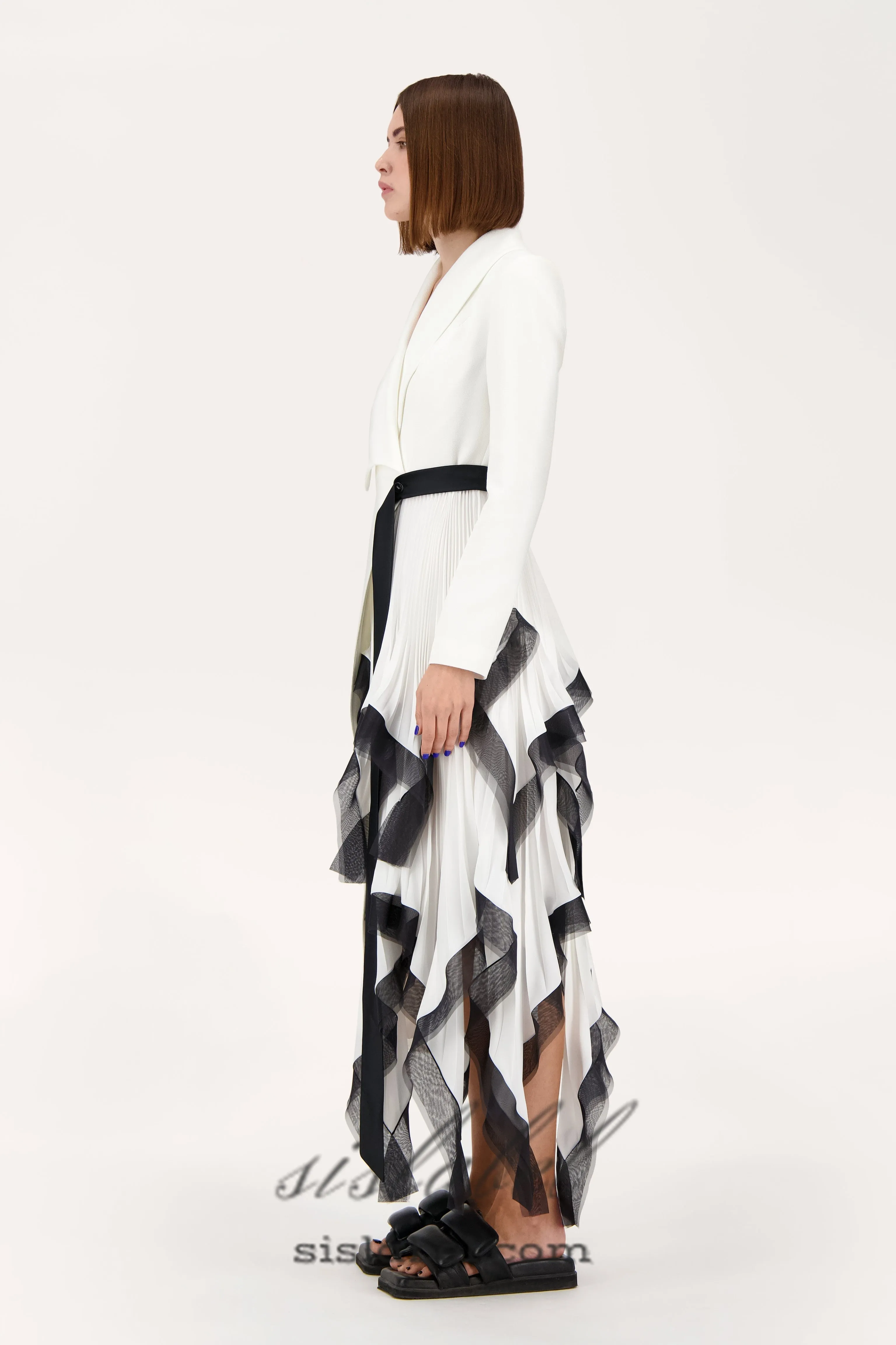 Asymmetric pleated ruffle trim blazer dress in white