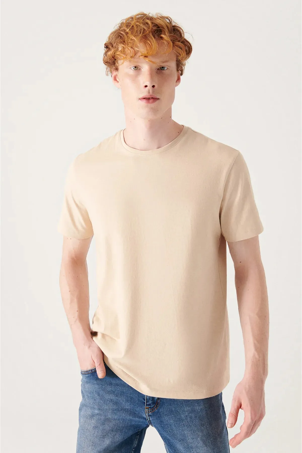 Avva Men's Beige 100% Cotton Breathable Crew Neck Standard Fit Regular Cut T-shirt