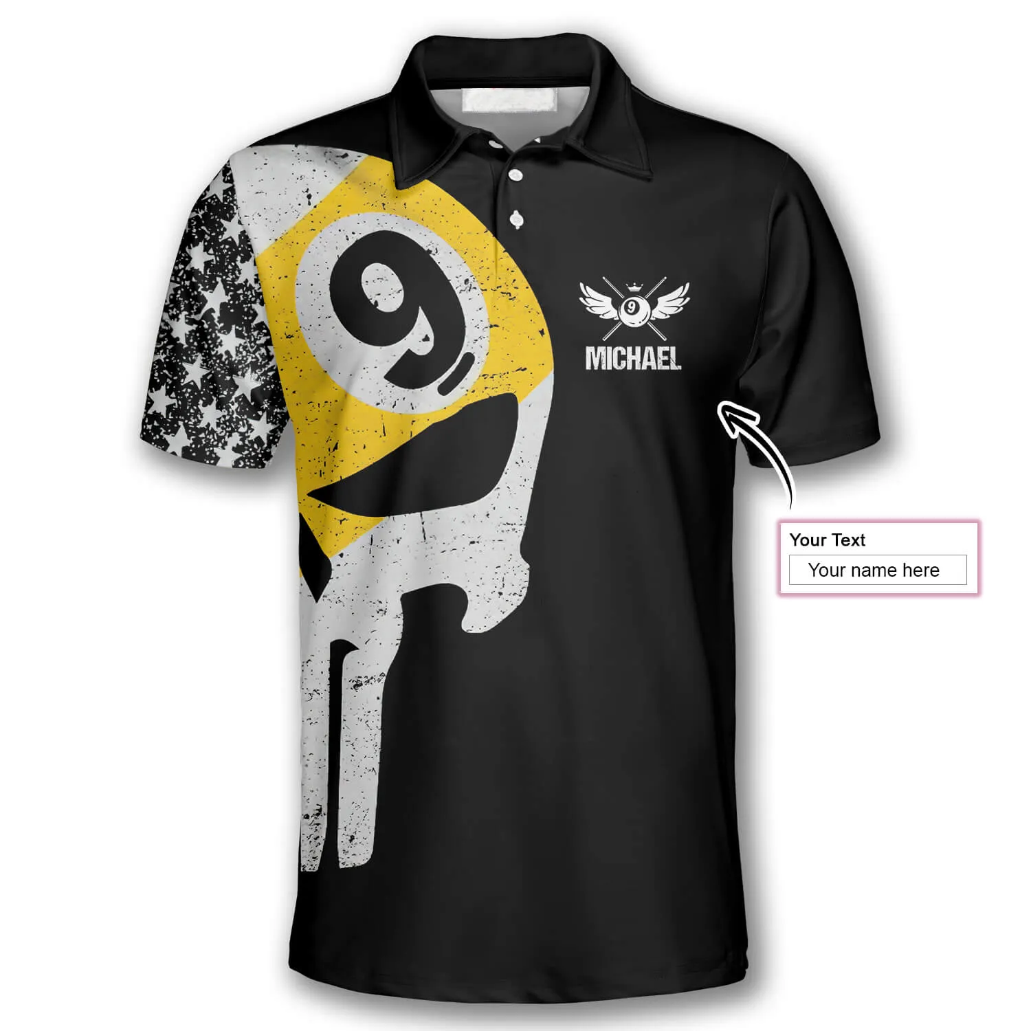 Billiard 9 Ball Skull American Flag Pattern Custom Billiard Polo Shirts for Men, Billiard Shirt Team