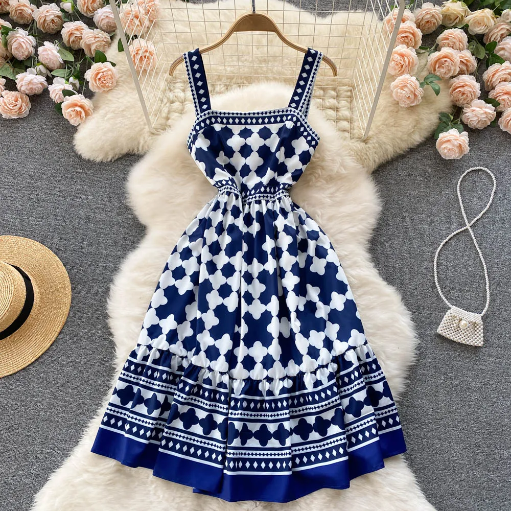 Blue Square Neck Printed Sling Dress     S4469