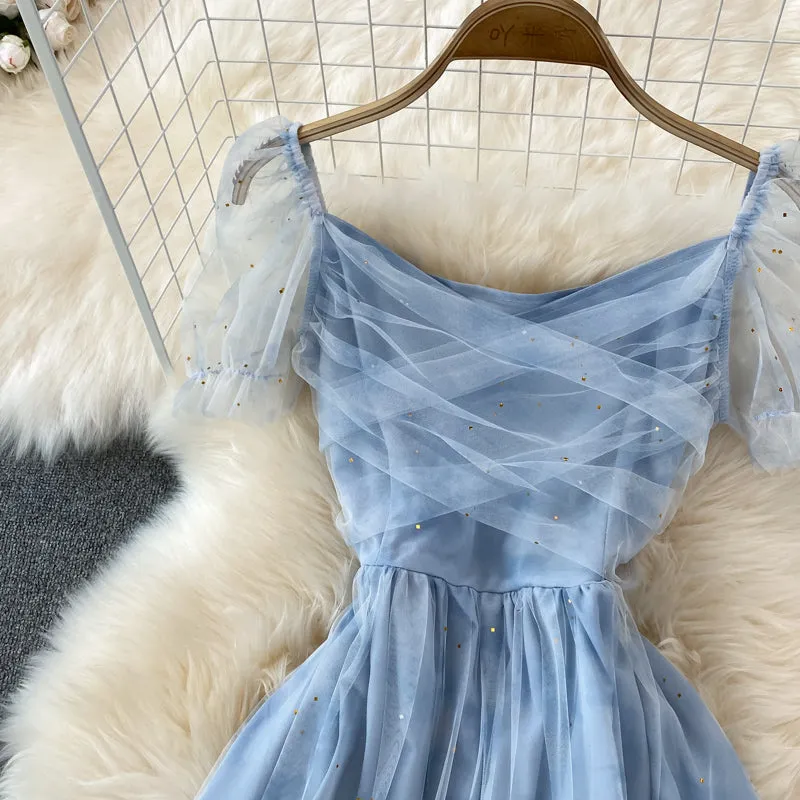 Blue tulle short dress A line summer dress   S336