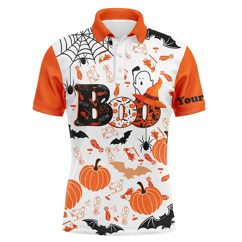 Boo Halloween Golf Pattern Orange Polo Shirt Custom Funny Golf Shirts For Men Golf Gifts