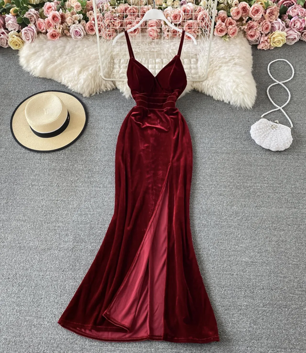 Burgundy velvet long dress  S27