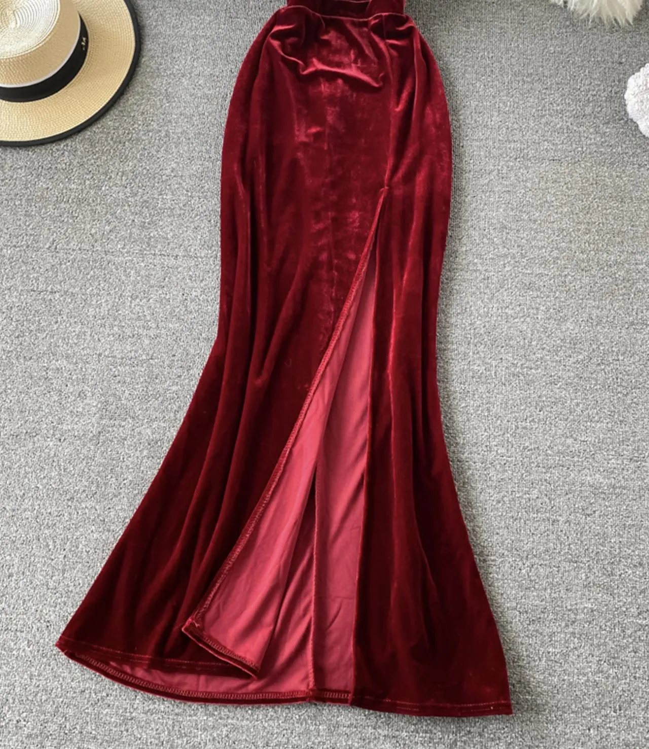 Burgundy velvet long dress  S27