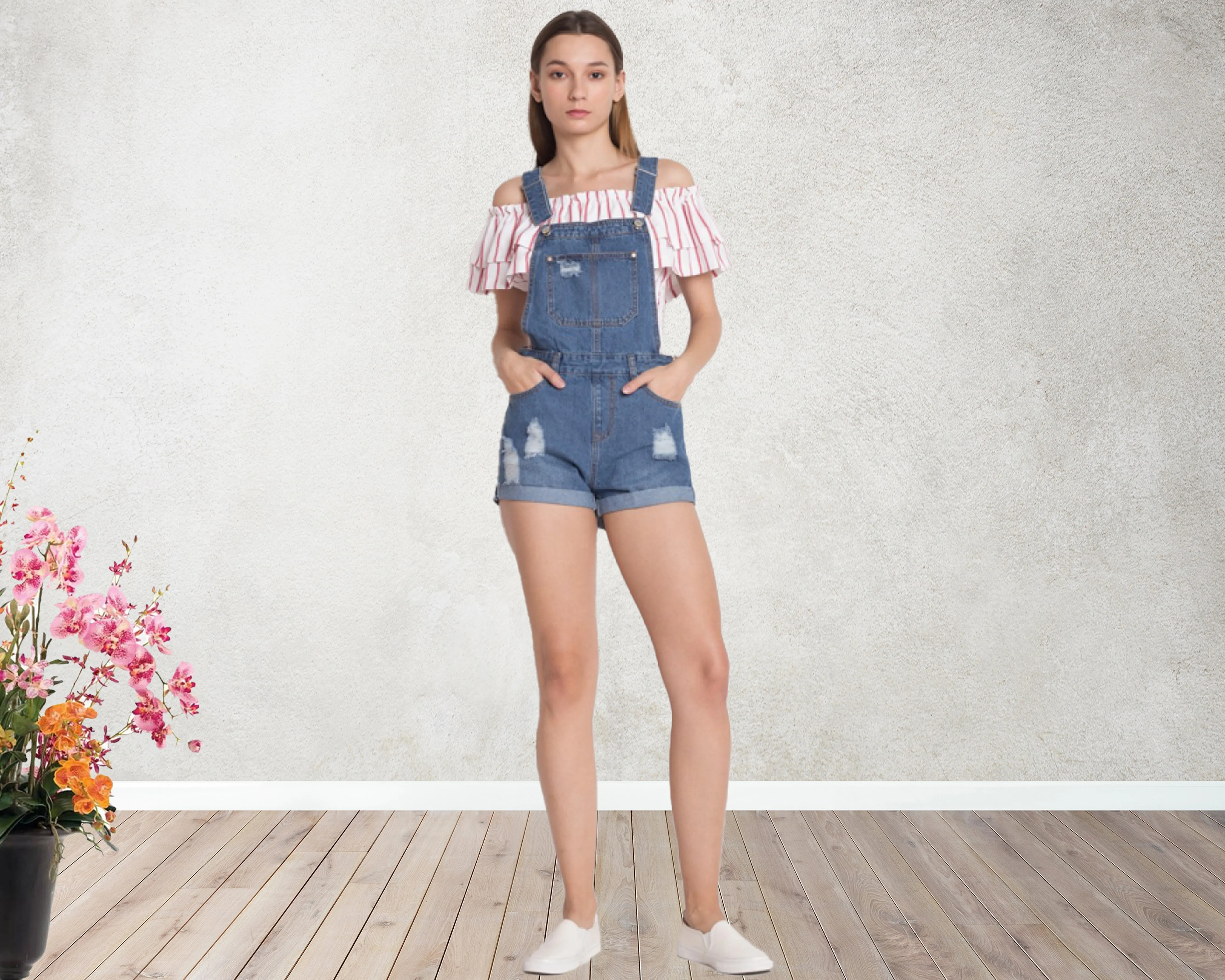 Casual Denim Short Bib Overalls Adjustable Strap Cuffed Hem Shorts Jean Rompers