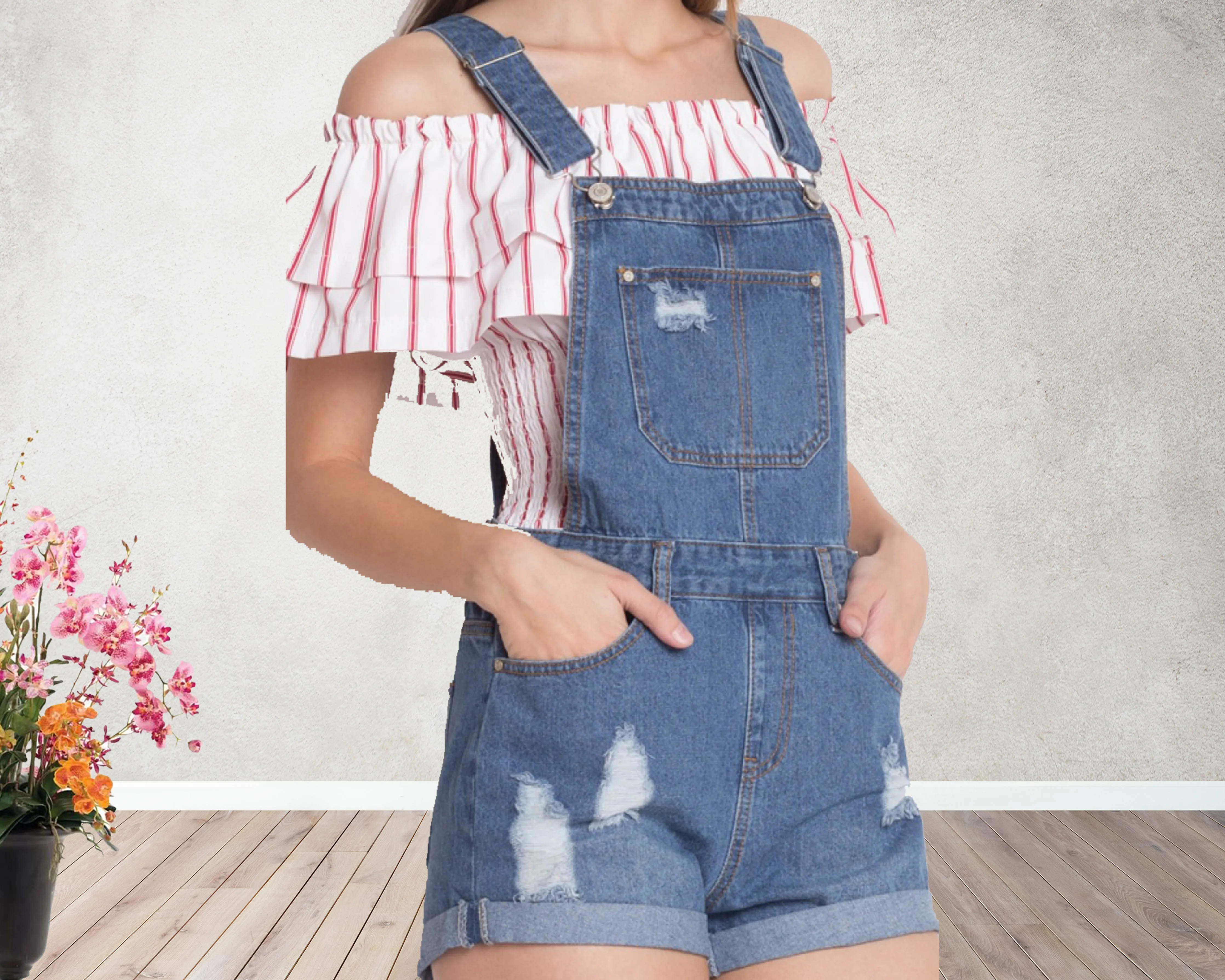 Casual Denim Short Bib Overalls Adjustable Strap Cuffed Hem Shorts Jean Rompers