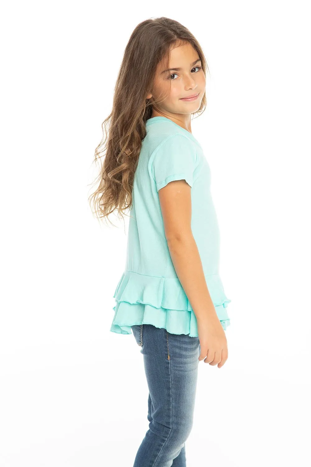 Chaser Kids- Girls Gauzy Cotton S/S Crew Neck Double Peplum Pocket Tee in Paradise