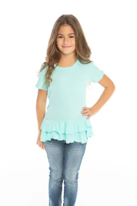 Chaser Kids- Girls Gauzy Cotton S/S Crew Neck Double Peplum Pocket Tee in Paradise