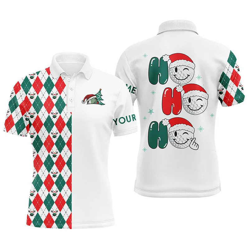 Christmas Golf Ball Ho Ho Ho Mens Golf Polo Shirts Custom Red, White, Green Argyle Pattern Golf Gift