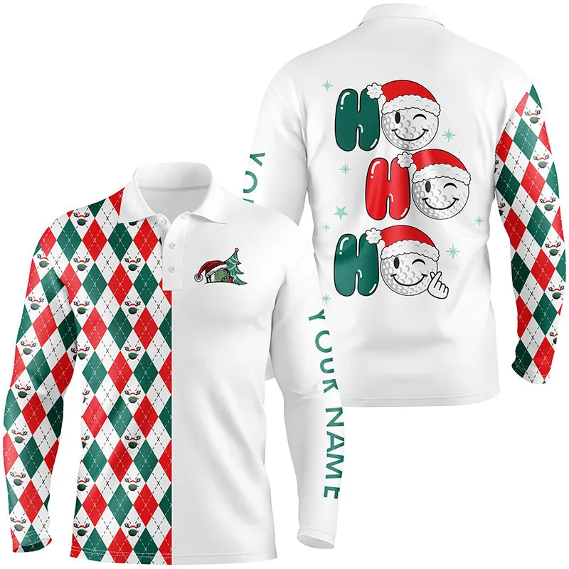 Christmas Golf Ball Ho Ho Ho Mens Golf Polo Shirts Custom Red, White, Green Argyle Pattern Golf Gift