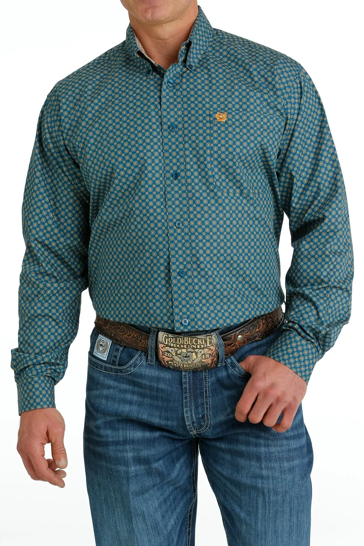 Cinch Mens Medallion Print Button Down Shirt - Blue/Orange - MTW1105659