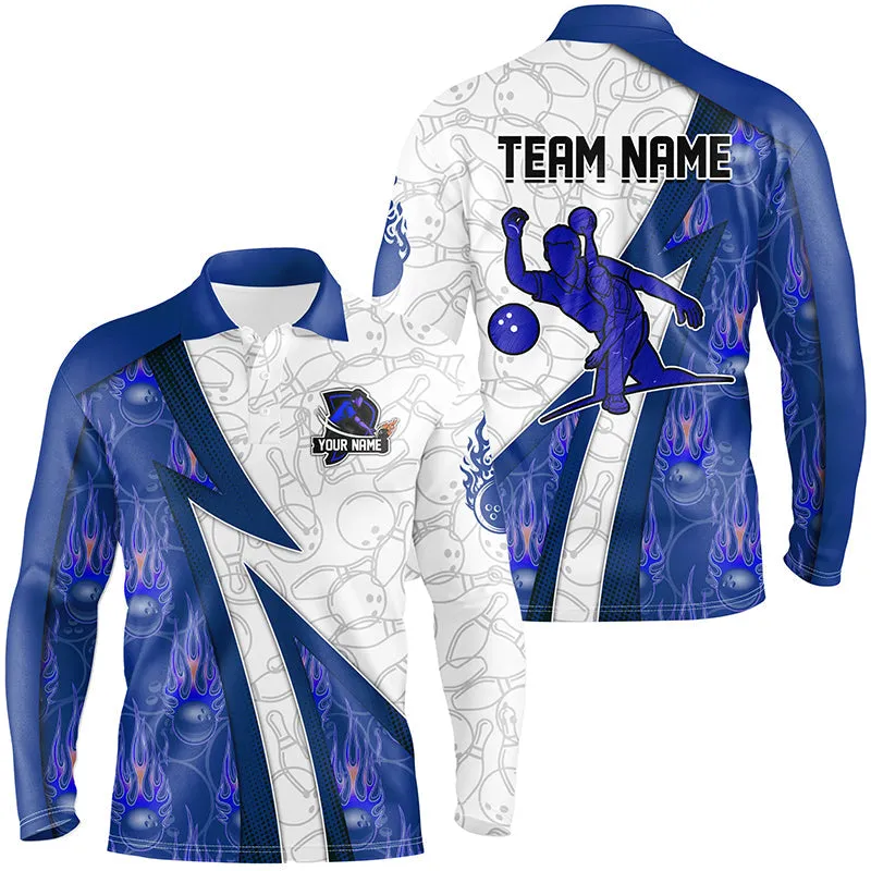 Custom Bowling Long Sleeve Polo Shirt For Men Multicolor Flame Camo Bowling Shirts, Bowling Team Jerseys