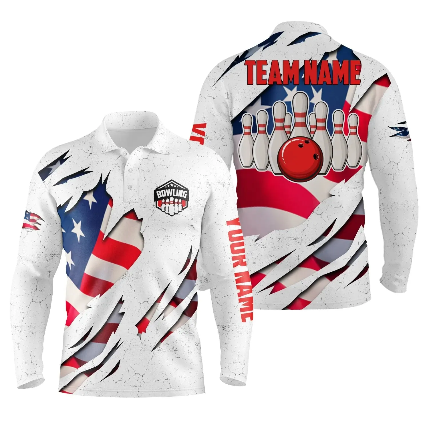 Custom Vintage White Bowling Long Sleeve Polo Shirts For Men, Personalized Bowling Team Jerseys