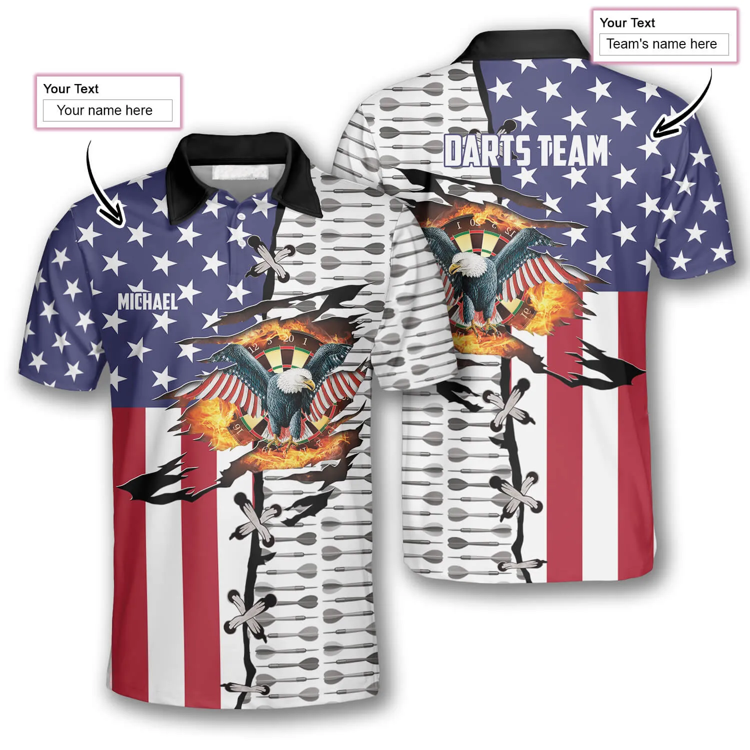 Dart Arrow Pattern Eagle Flag Custom Darts Polo Shirts, Flag American Dart Shirt