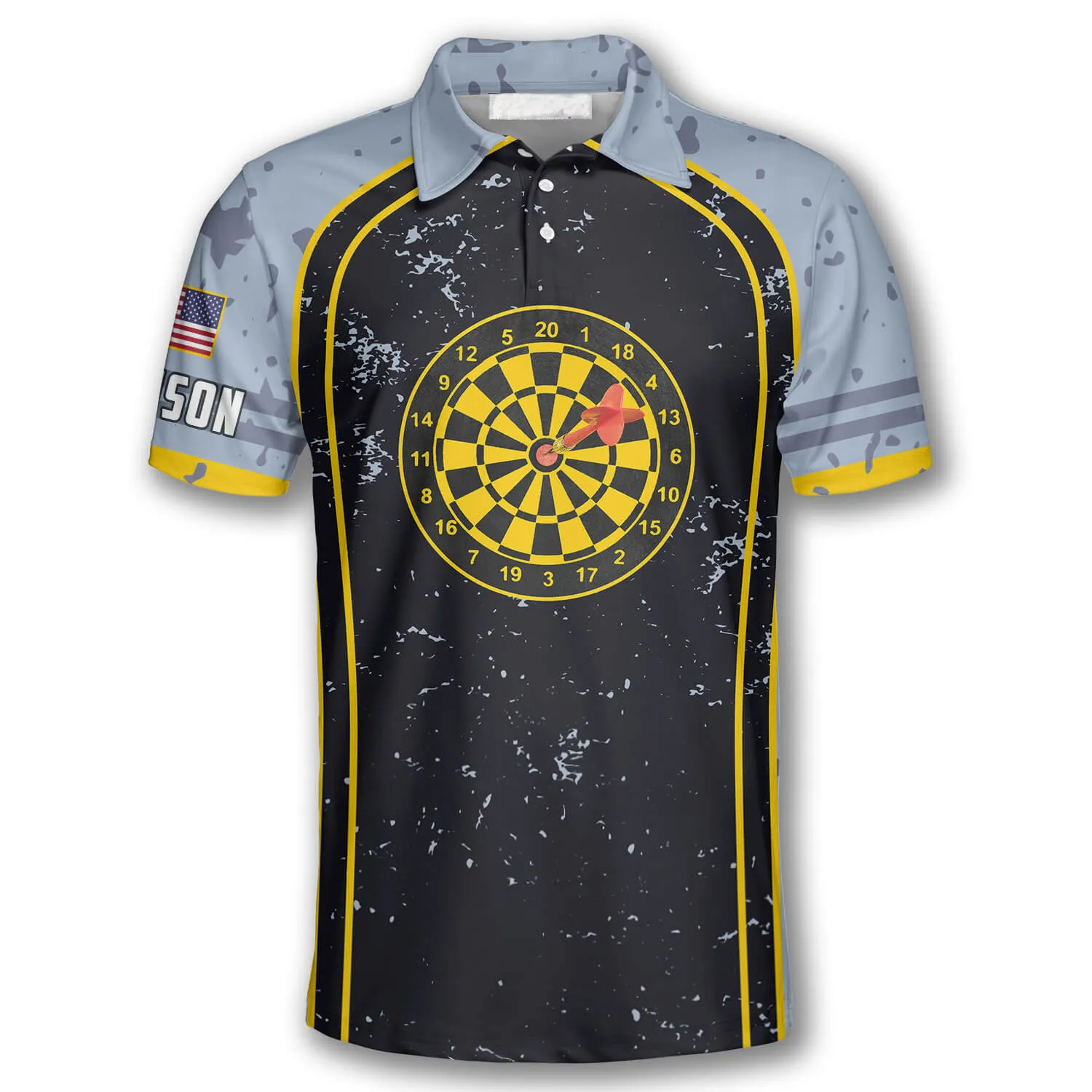 Darts Grunge Style Yellow Dart Board Custom Polo Shirts for Men, USA Dart Player