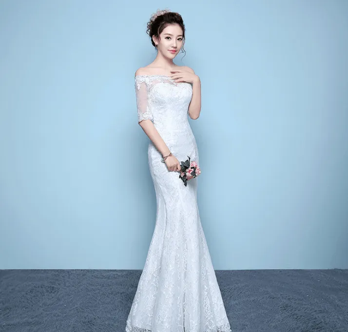 Direct from factory: Wholesale bridal fishtail wedding dress with waist and shoulder cutout design