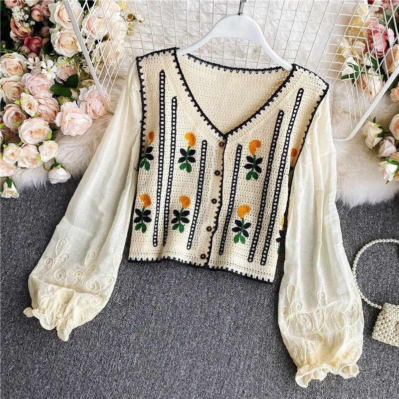 Embroidery V-neck Long Shirt Temperament Sweet and Wild Short Blous