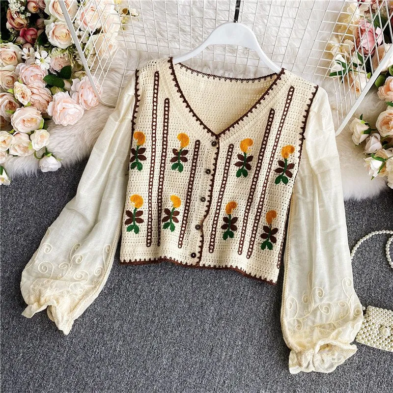 Embroidery V-neck Long Shirt Temperament Sweet and Wild Short Blous