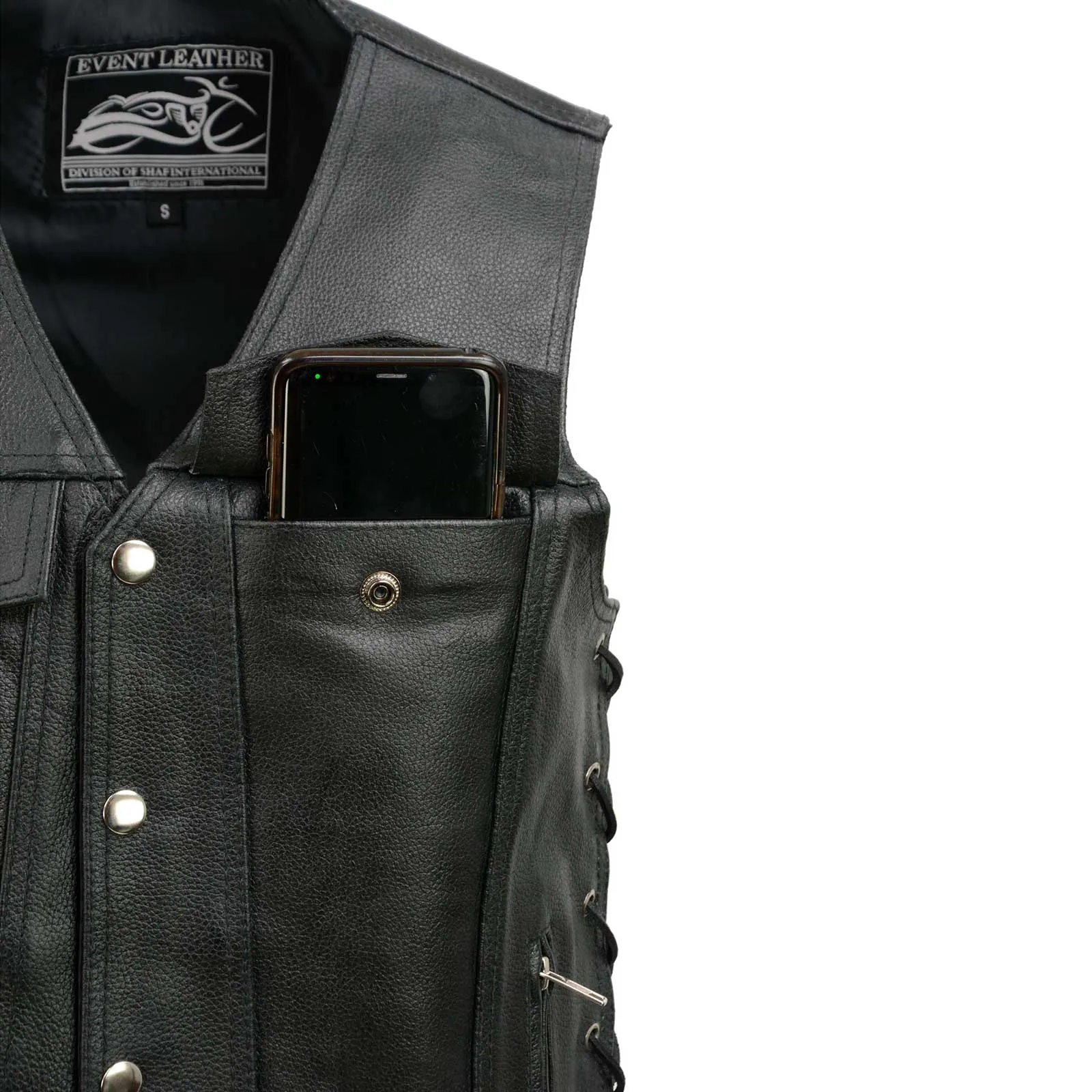 Event Leather EL5360 Black Motorcycle Leather Vest with Denim Style Pockets -Riding Club Adult Vests