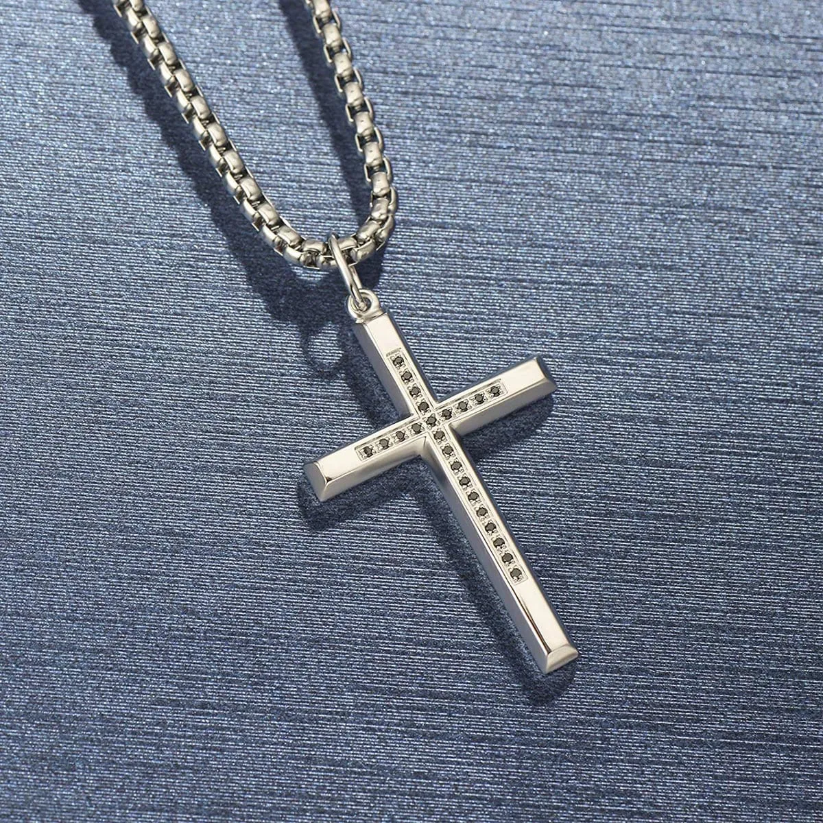 Fancime Men's Sterling Silver & Black Stone Cross Pendant Necklace 24 Inches