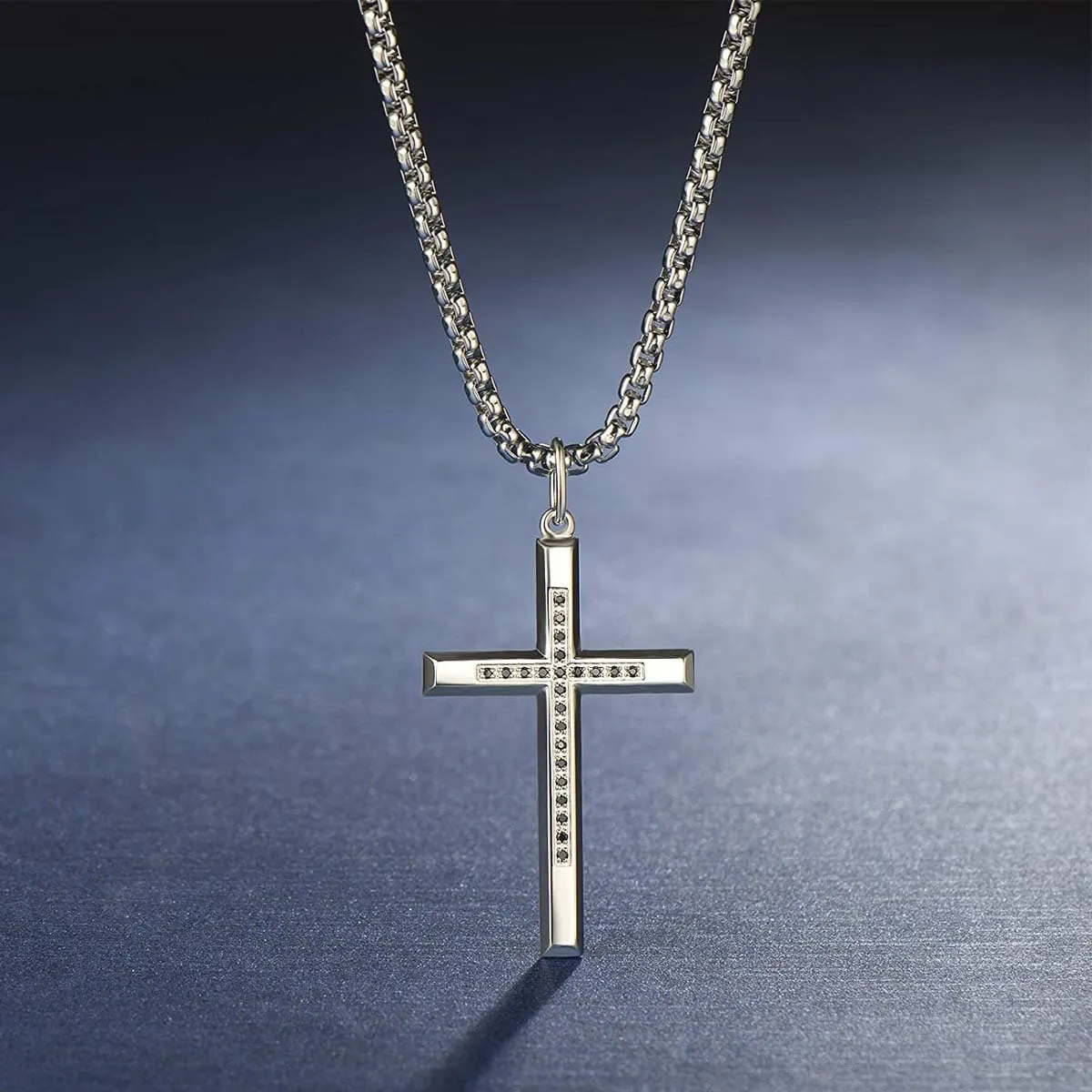 Fancime Men's Sterling Silver & Black Stone Cross Pendant Necklace 24 Inches