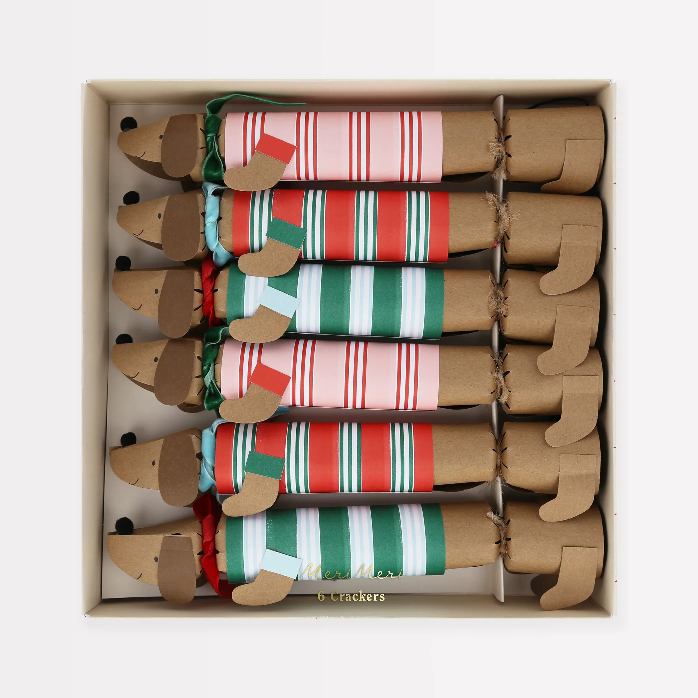 Festive Stripe Sausage Dog No-Snap Crackers (x 6)