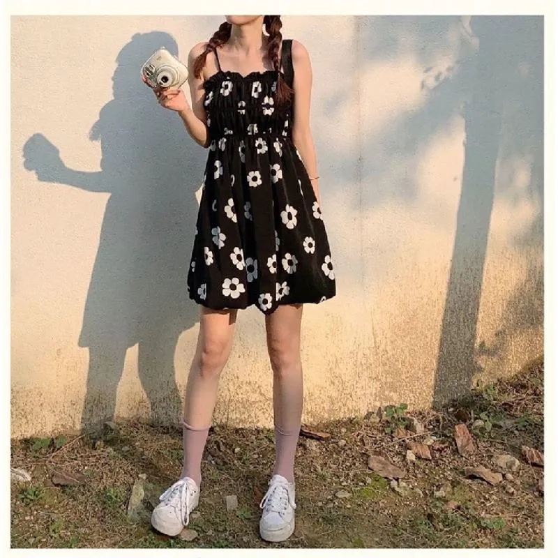 Flower Bud Niche Lining Slimming High-Waisted Floral Print Fluffy Dress