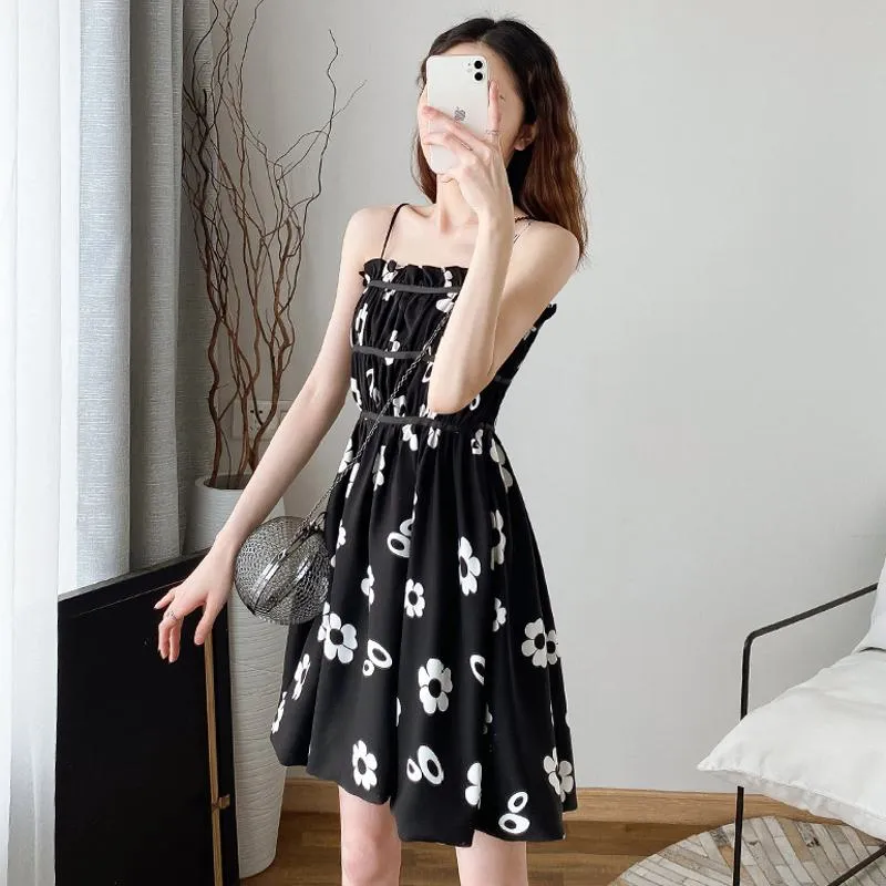 Flower Bud Niche Lining Slimming High-Waisted Floral Print Fluffy Dress