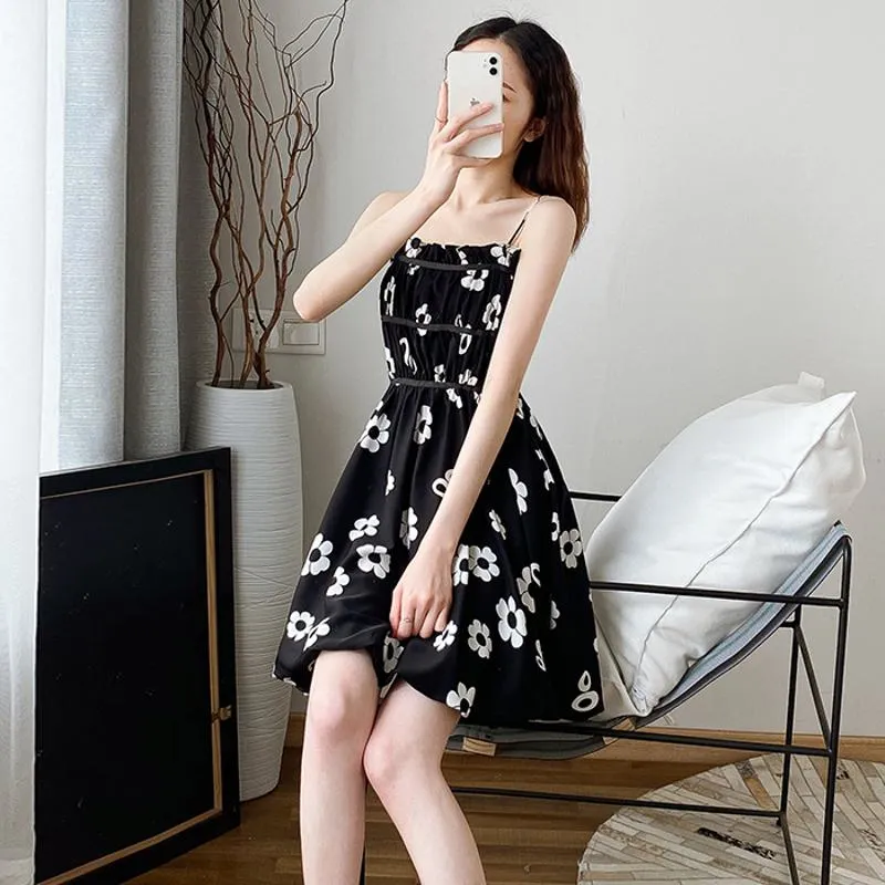 Flower Bud Niche Lining Slimming High-Waisted Floral Print Fluffy Dress