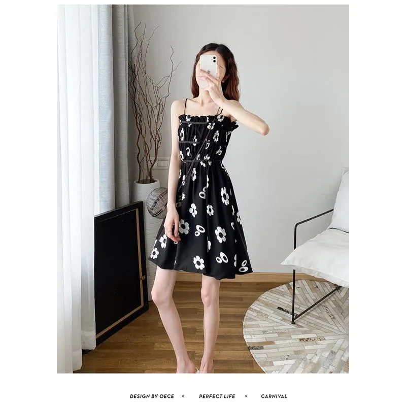 Flower Bud Niche Lining Slimming High-Waisted Floral Print Fluffy Dress