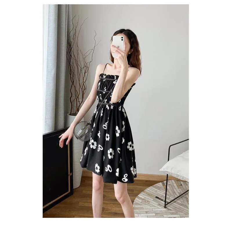 Flower Bud Niche Lining Slimming High-Waisted Floral Print Fluffy Dress