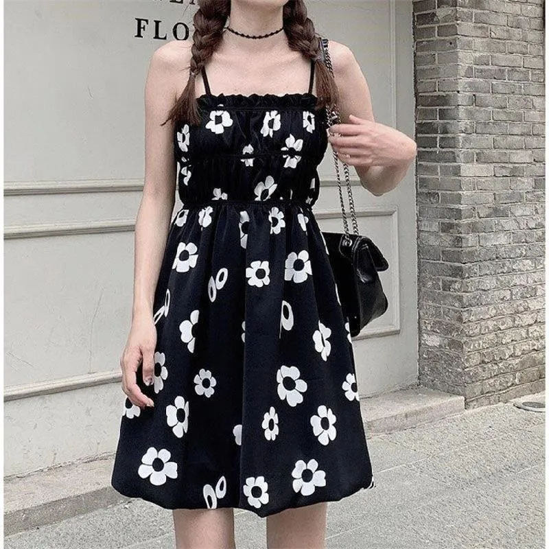 Flower Bud Niche Lining Slimming High-Waisted Floral Print Fluffy Dress