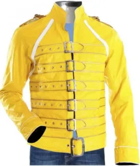 Freddie Mercury Concert Yellow Military Buckle Genuine Leather Jacket for Men's