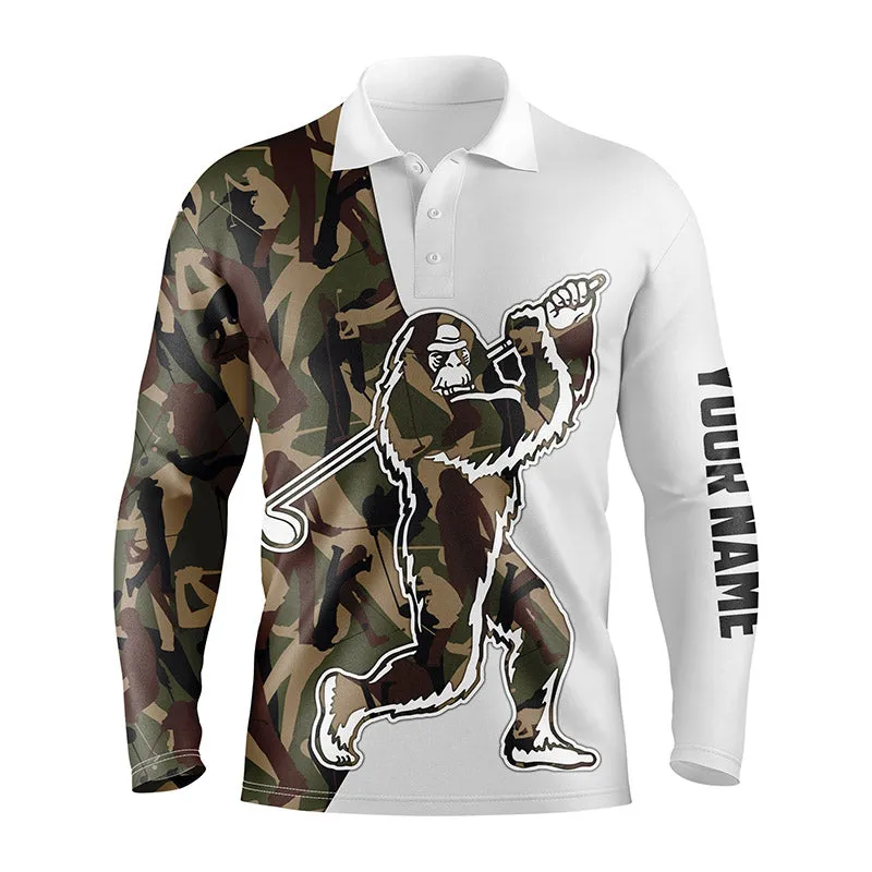 Funny Bigfoot Golf Long Sleeve Polo Shirts Golf Camo Pattern Custom Name Sasquatch Playing Golf Apparel