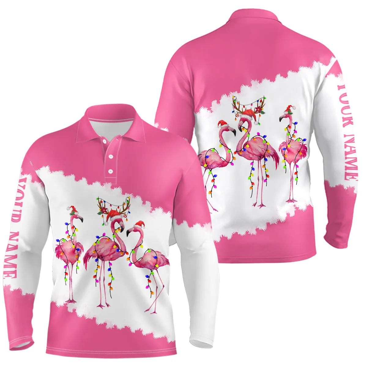 Funny Pink Mens Christmas Golf Long Sleeve Polo Shirt Custom Flamingo Golf Friend Christmas Polo Shirts