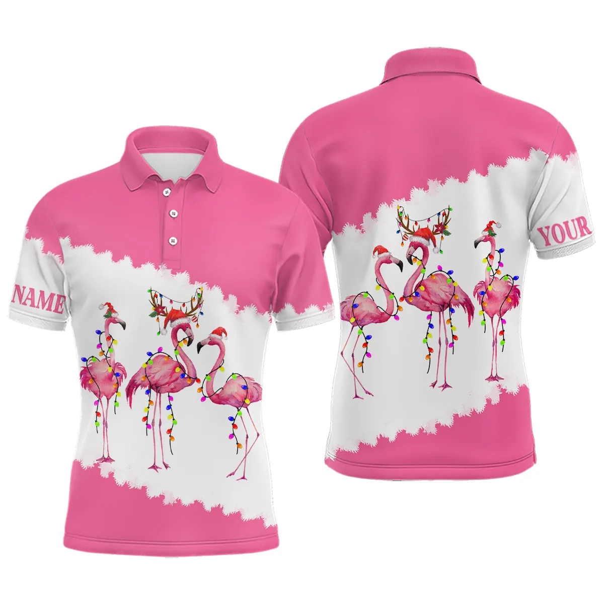 Funny Pink Mens Christmas Golf Long Sleeve Polo Shirt Custom Flamingo Golf Friend Christmas Polo Shirts