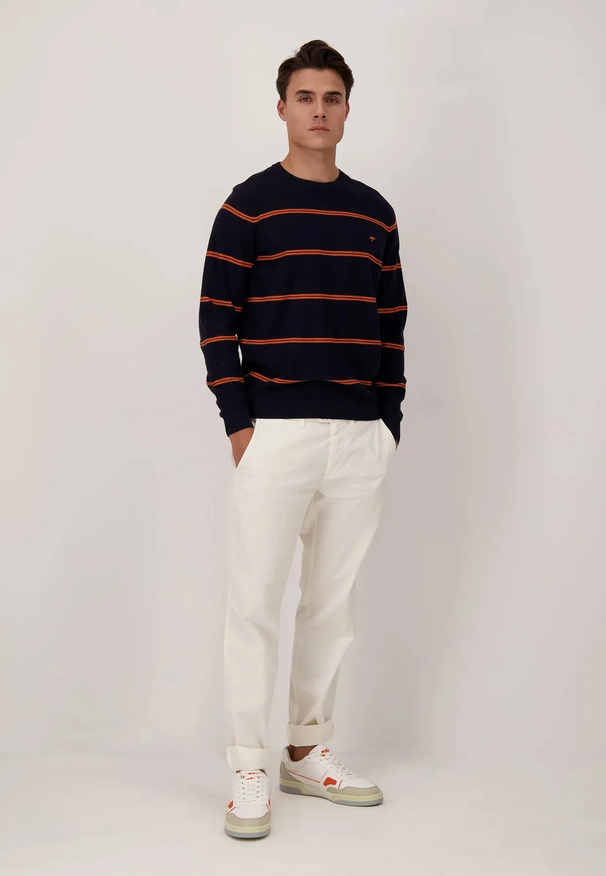 FYNCH HATTON Striped Cotton Jumper in Navy