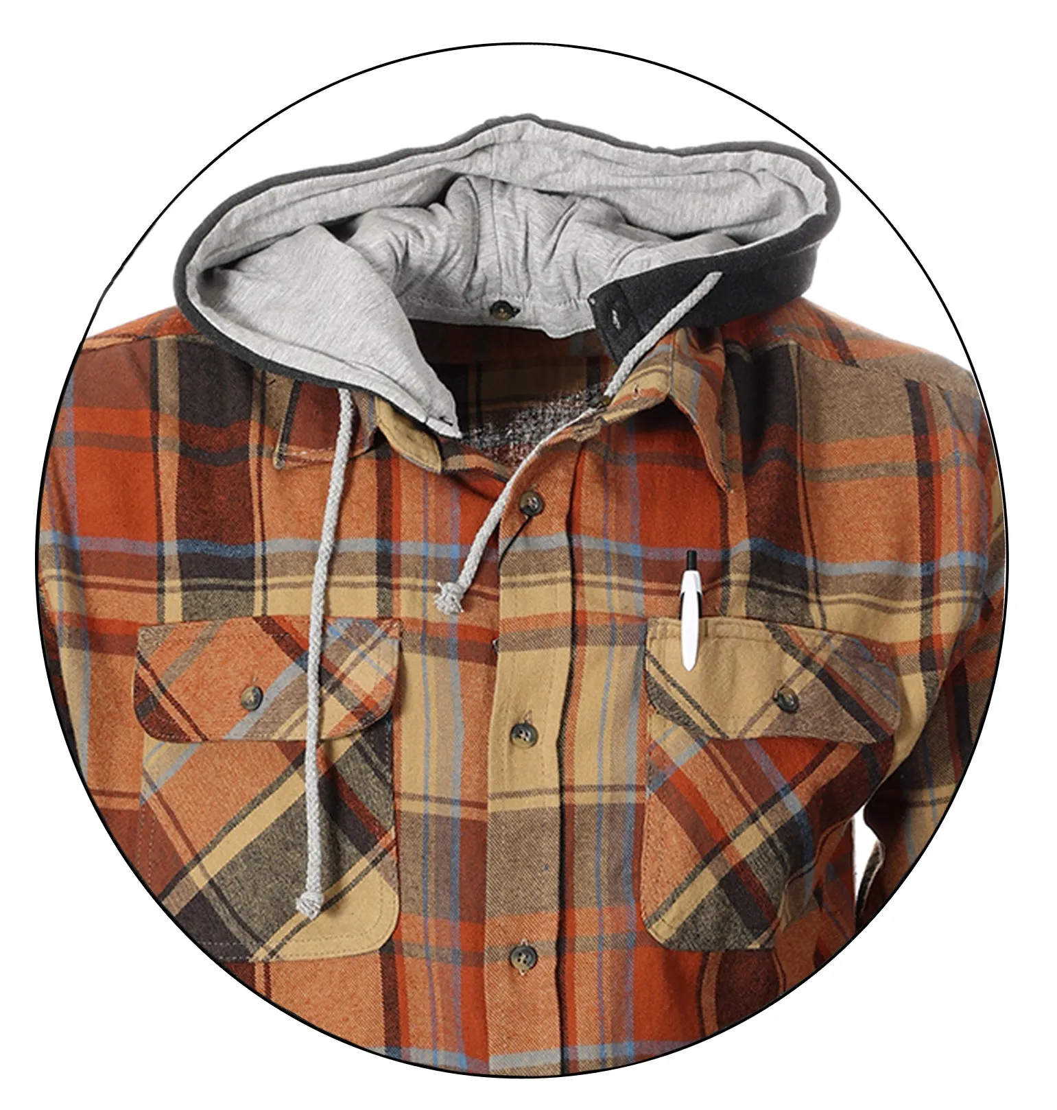 Gioberti Men's Khaki / Umber Removable Hoodie Plaid Checkered Flannel Button Down Shirt