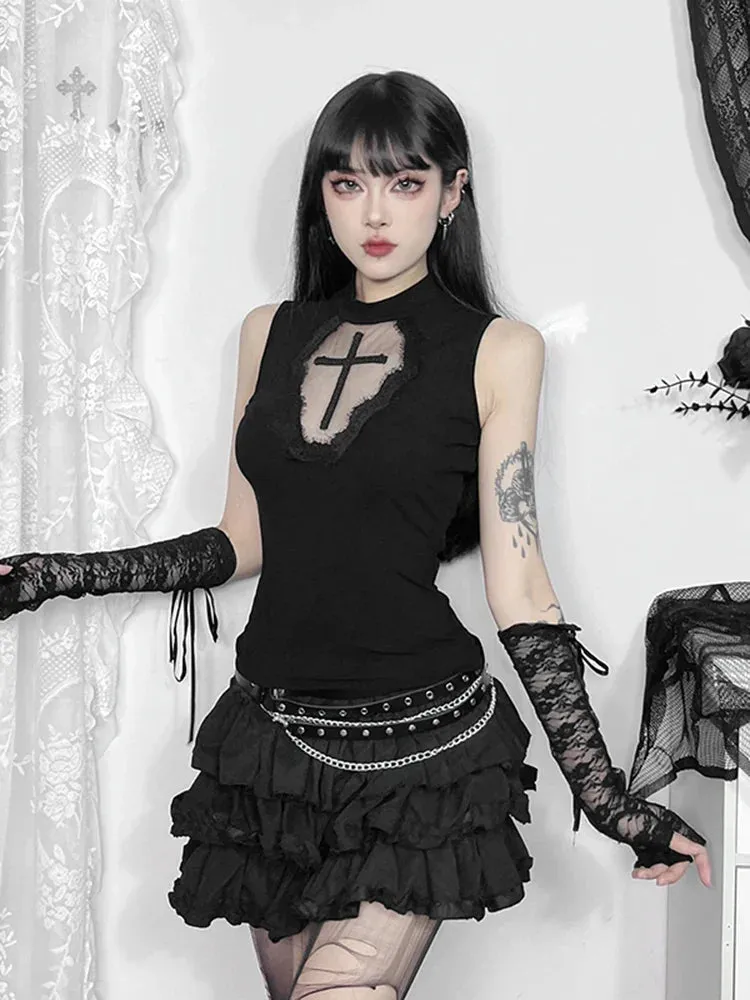 Gothic Crop See Dark Grunge Through Patchwork Mesh Alternative Cross Top