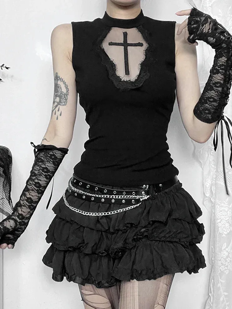 Gothic Crop See Dark Grunge Through Patchwork Mesh Alternative Cross Top